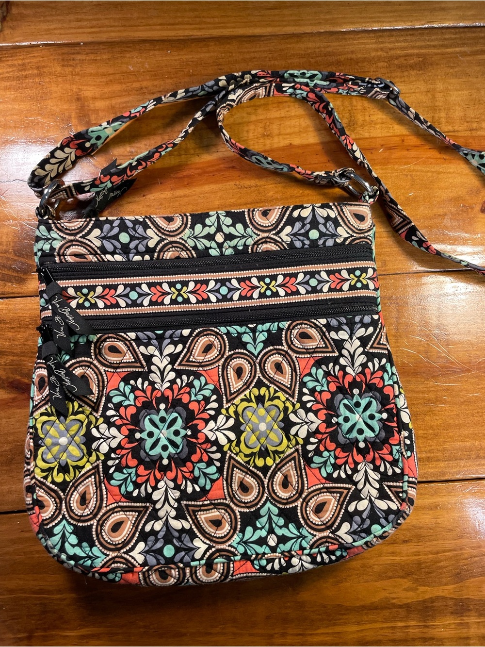 Vera Bradley Black Crossbody with Teal, Coral & Yellow Floral Medallions
